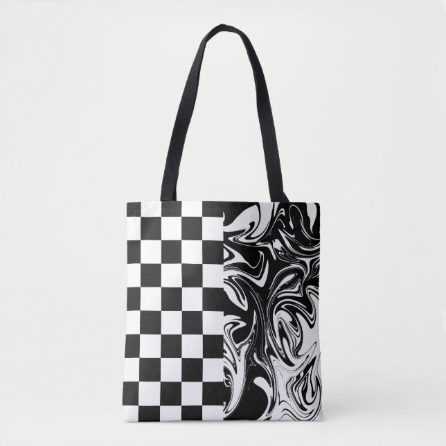 Bolso De Tela Cheques y Swirls - Blanco y negro (Anverso)