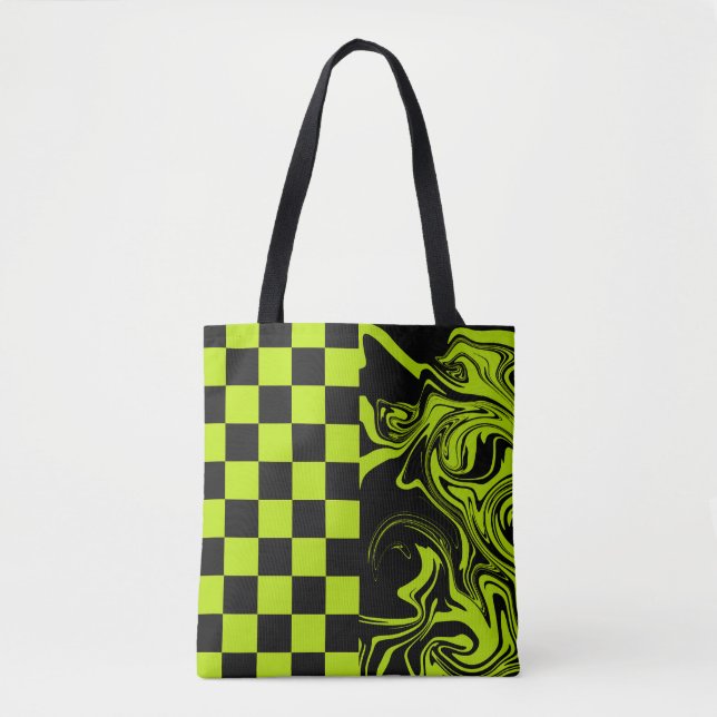 Bolso De Tela Cheques y Swirls - Lime Green y Black (Anverso)