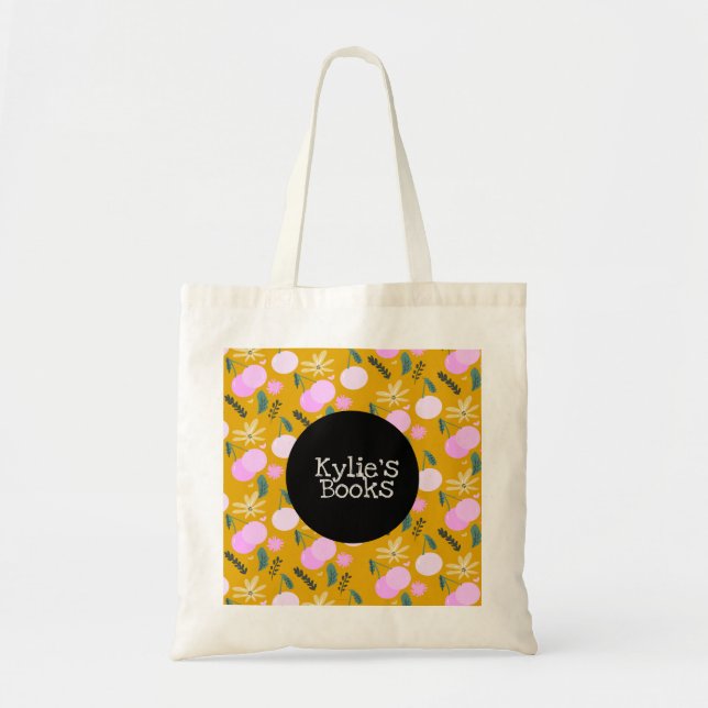 Bolso De Tela Cherries Fun Fruit Library Libro Rosa Amarillo (Frente)
