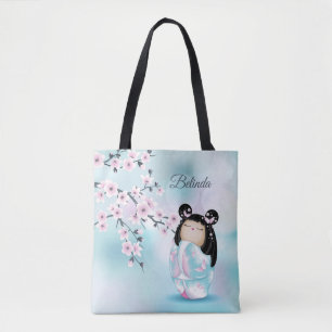 Bolso De Tela Cherry Blossom Kokeshi Doll Rosa Turquesa Nombre