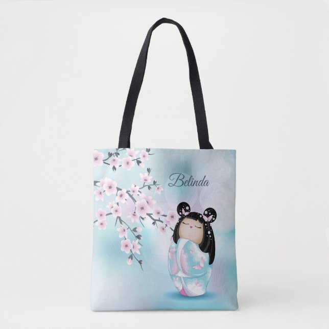 Bolso De Tela Cherry Blossom Kokeshi Doll Rosa Turquesa Nombre (Anverso)