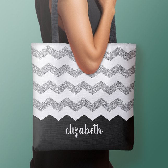 Bolso De Tela Chevras y nombres de impresión de Purpurina negro  (Personalized tote bag - add your name or other text)
