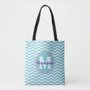 Bolso De Tela Chevron Blanco Azul con Monograma y Nombre