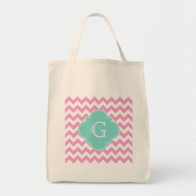 Bolso De Tela Chevron blanco rosa Zigzag Aqua Quatrefoil Monogra (Frente)
