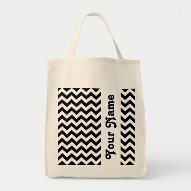 Bolso De Tela Chevron de Safari Negro con nombre de personalizab (Frente)