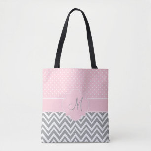 Bolso De Tela Chevron gris monogramo con punto de polka rosa pas