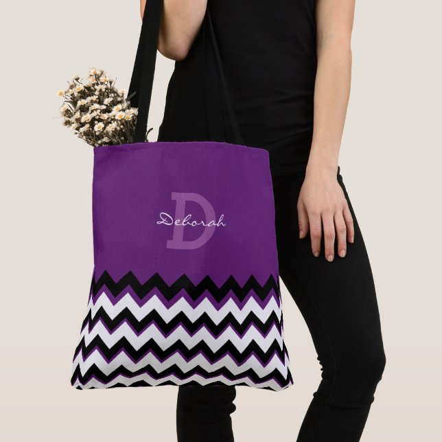 Bolso De Tela Chevron Stripes + nombre en violeta (Detalle)
