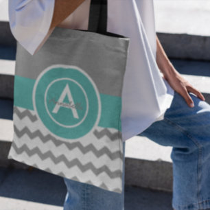 Bolso De Tela Chevron Verde azulado gris