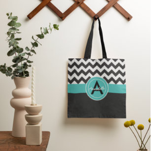 Bolso De Tela Chevron Verde azulado negro