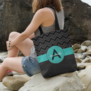 Bolso De Tela Chevron Verde azulado negro