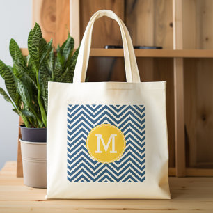 Bolso De Tela Chevrons azul marino con monograma amarillo Person