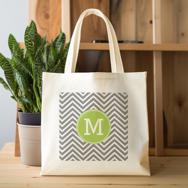 Bolso De Tela Chevrras grises y limones con monograma Personaliz (Personalized tote bag with chevrons and monogram)