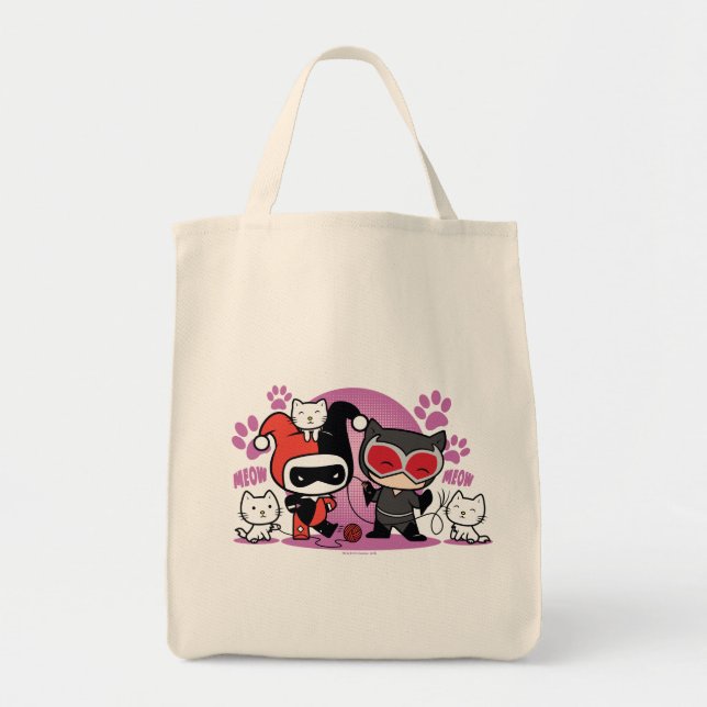 Bolso De Tela Chibi Harley Quinn & Chibi Catwoman Con Gatos (Frente)