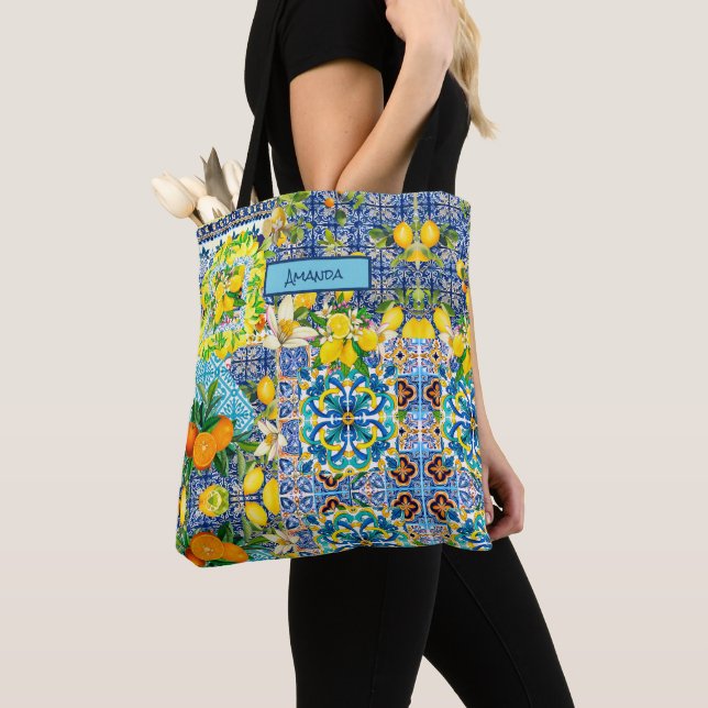 Bolso De Tela Chic blue turquoise sicilian citrus floral tiles  (Detalle)