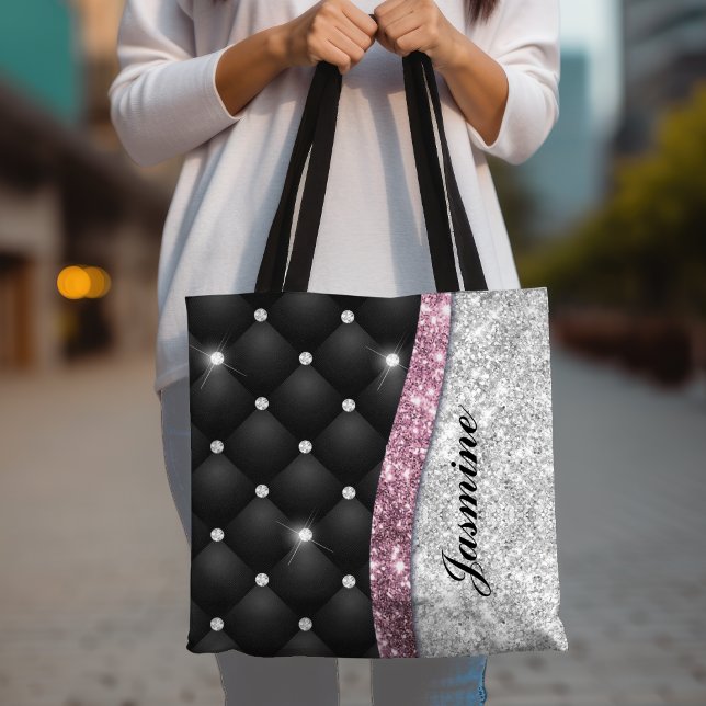 Bolso De Tela Chic girly faux Silver glitter black pink monogram (Subido por el creador)