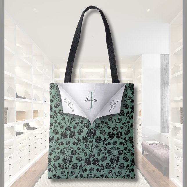 Bolso De Tela Chic Green and Black Rose Monogram Tote Bag (Chic Green and Black Rose Monogram Tote Bag)
