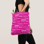 Bolso De Tela Chic Hot Pink Personalized Name Collage<br><div class="desc">Hot pink name collage allover tote bag for a birthday girl decorated in nine different fonts spelling a custom name in white. Chic personalized girly gift wrap with fun typography.</div>