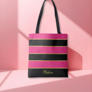 Bolso De Tela Chic Moderno patrón de rayas rosadas negras con no