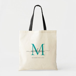 Bolso De Tela Chic Monograma Inicial Negro Verde Teal Script Nom