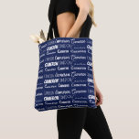 Bolso De Tela Chic Navy Blue Personalized Name Collage<br><div class="desc">Modern navy blue name collage allover tote bag decorated in nine different fonts customized with your name. Chic custom gift with cool typography in cursive text.</div>