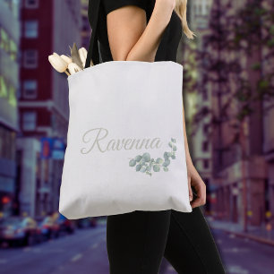 Bolso De Tela Chic Nombre Personalizado Salvia Eucalipto Marfil