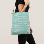 Bolso De Tela Chic Seafoam Green Personalized Name Collage<br><div class="desc">Chic seaside mint green name collage tote bag decorated in nine different fonts spelling a custom name in white. Cute personalized gift with trendy typography.</div>