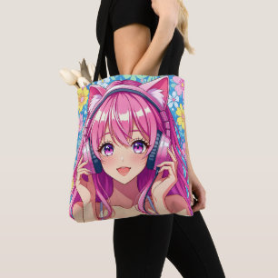 Bolso De Tela Chica anime rosa bonita con auriculares