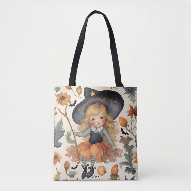Bolso De Tela Chica Bruja personalizada Halloween Candy (Anverso)