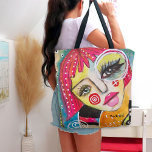 Bolso De Tela Chica caprichoso pelo rosado cálido y colorido div<br><div class="desc">Esta colorida obra de arte original de medios mixtos presenta un chica peculiar y capilar de un cabello rosa brillante sobre un colorido fondo abstracto de naranja azul y mandarino polvoriento, con formas de semicírculo rosado, amarillo y verde y rayas blancas y un surtido de doodles. Esta divertida bolsa de...</div>