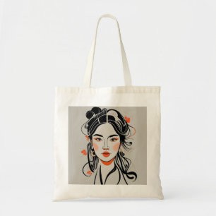 Bolso De Tela Chica china dibujada con bolígrafo de tinta negra,