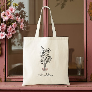 Bolso De Tela Chica Cumpleaños Lazo Rosa Floral Personalizado
