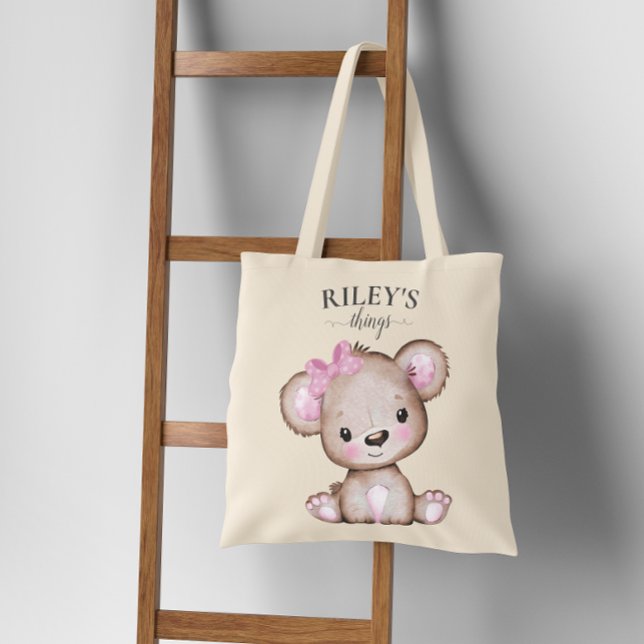 Bolso De Tela Chica Cute Oso Marrón Monogramado Bebé Tote Bag (Subido por el creador)