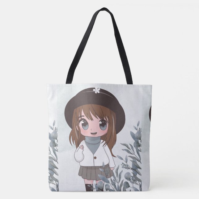 Bolso De Tela chica de anime feliz con las flores (Anverso)