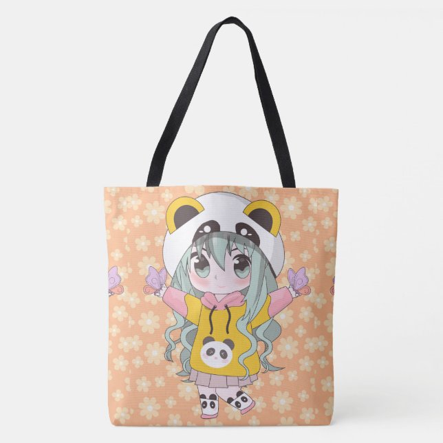 Bolso De Tela chica de anime feliz con las flores (Anverso)
