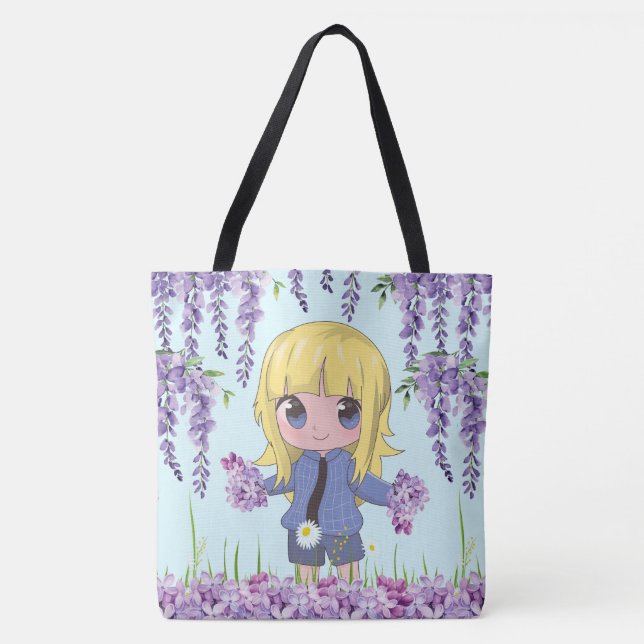 Bolso De Tela chica de anime feliz con las flores (Anverso)