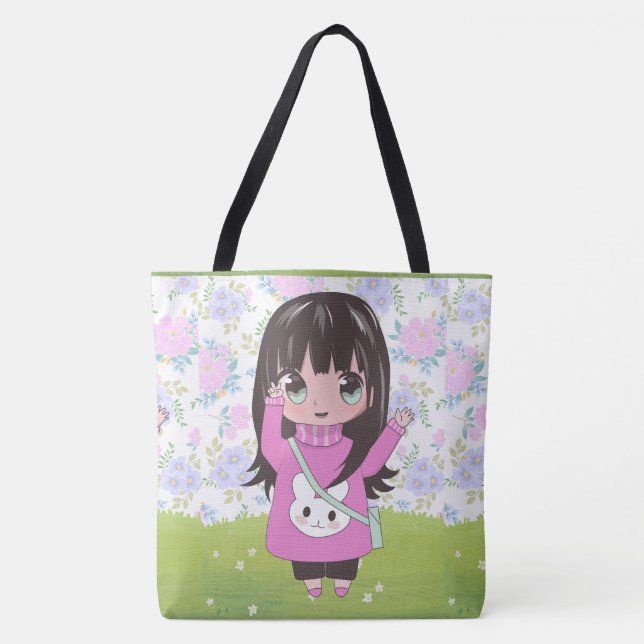 Bolso De Tela chica de anime feliz con las flores (Anverso)