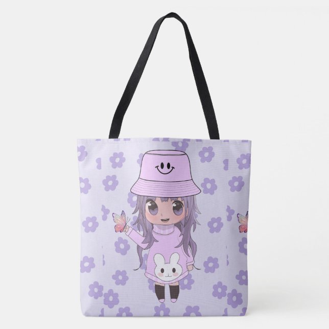 Bolso De Tela chica de anime feliz con las flores (Anverso)