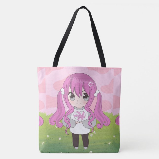 Bolso De Tela chica de anime feliz con las flores (Anverso)