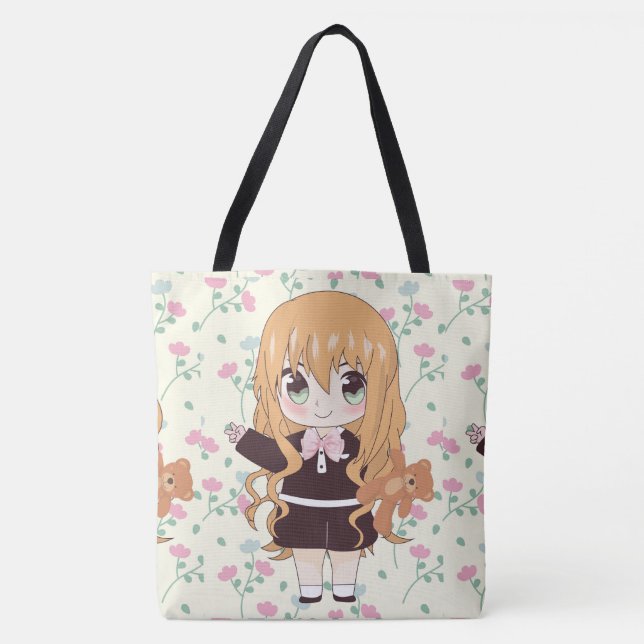 Bolso De Tela chica de anime feliz con las flores (Anverso)