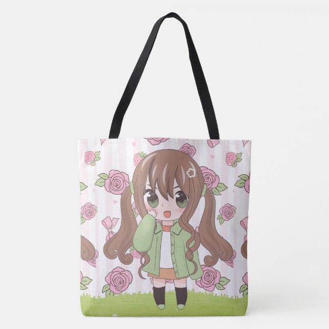 Bolso De Tela chica de anime feliz con las flores (Anverso)