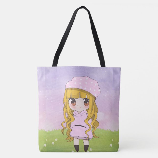 Bolso De Tela chica de anime feliz con las flores (Anverso)