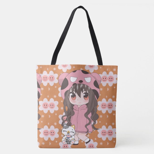 Bolso De Tela chica de anime feliz con las flores (Anverso)