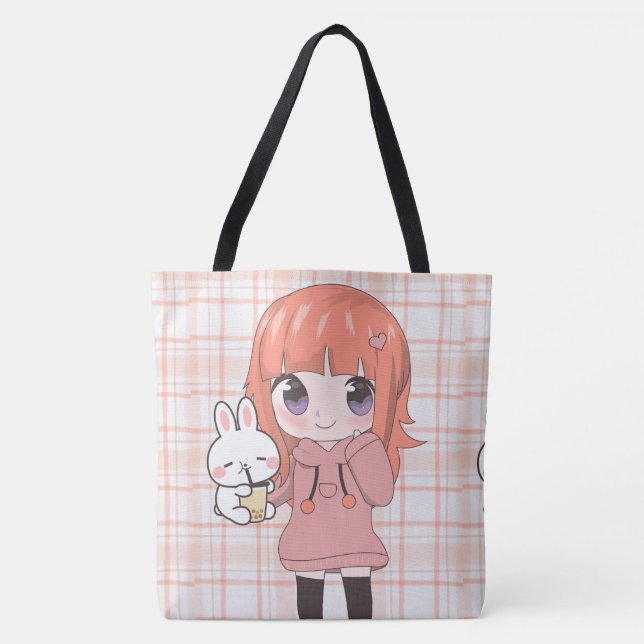 Bolso De Tela chica de anime feliz con las flores (Anverso)
