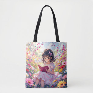 Bolso De Tela Chica de Anime Leyendo entre Flores y Notas Musica