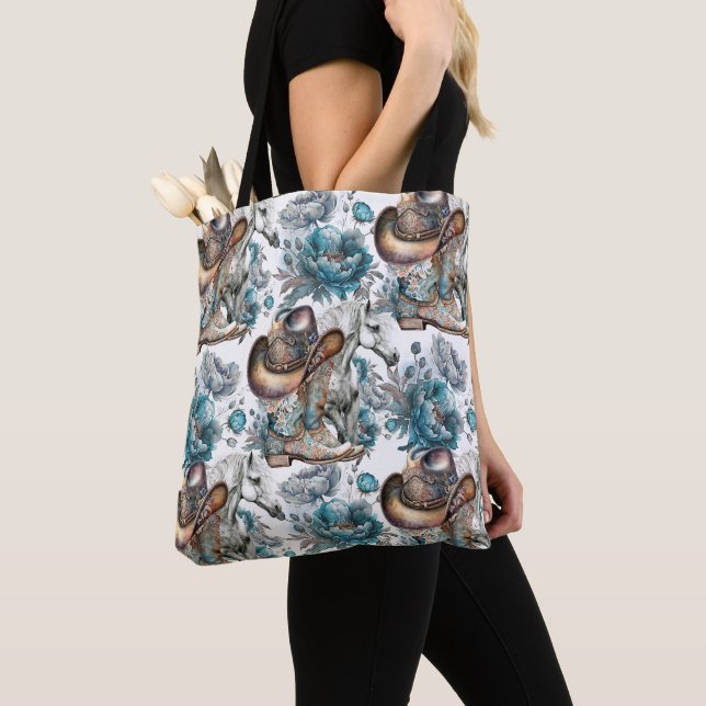 Bolso De Tela Chica de caballo vaquero patrón turquesa floral (Detalle)