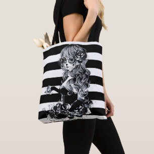 Bolso De Tela Chica de Calavera Azucarada Bonita con Rayas Negra