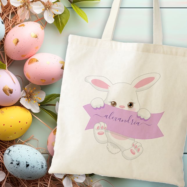 Bolso De Tela Chica de conejito de Pascua con cinta púrpura pers (Personalized Cute Purple Ribbon Easter Bunny Girl Tote Bag)