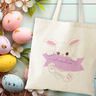 Bolso De Tela Chica de conejito de Pascua con cinta púrpura pers