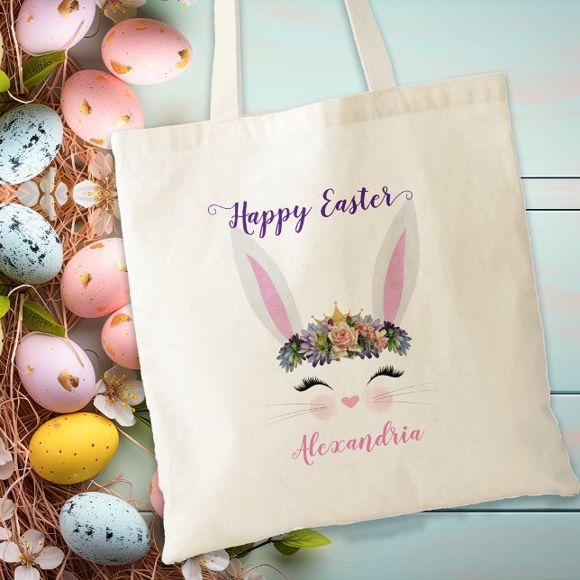 Bolso De Tela Chica de conejitos florales rosados personalizados (Cute Personalized Pink Floral Easter Bunny Girl Tote Bag)