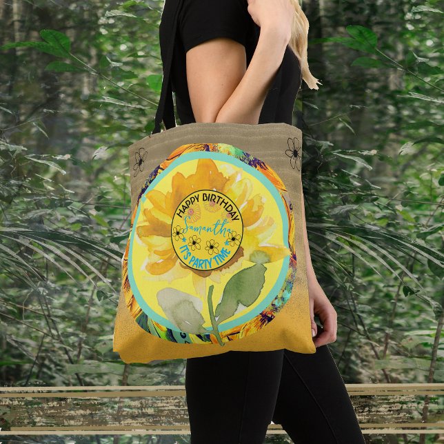 Bolso De Tela Chica de cumpleaños de girasol amarillo negro (Sunflower Birthday Girl Yellow Black Tote Bag)